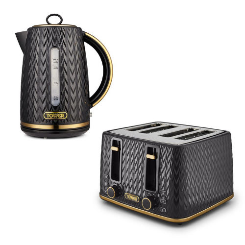 Tower Empire 1.7L 3KW Jug Kettle & 4 Slice Toaster. Art Deco Design in Black with Brass Accents