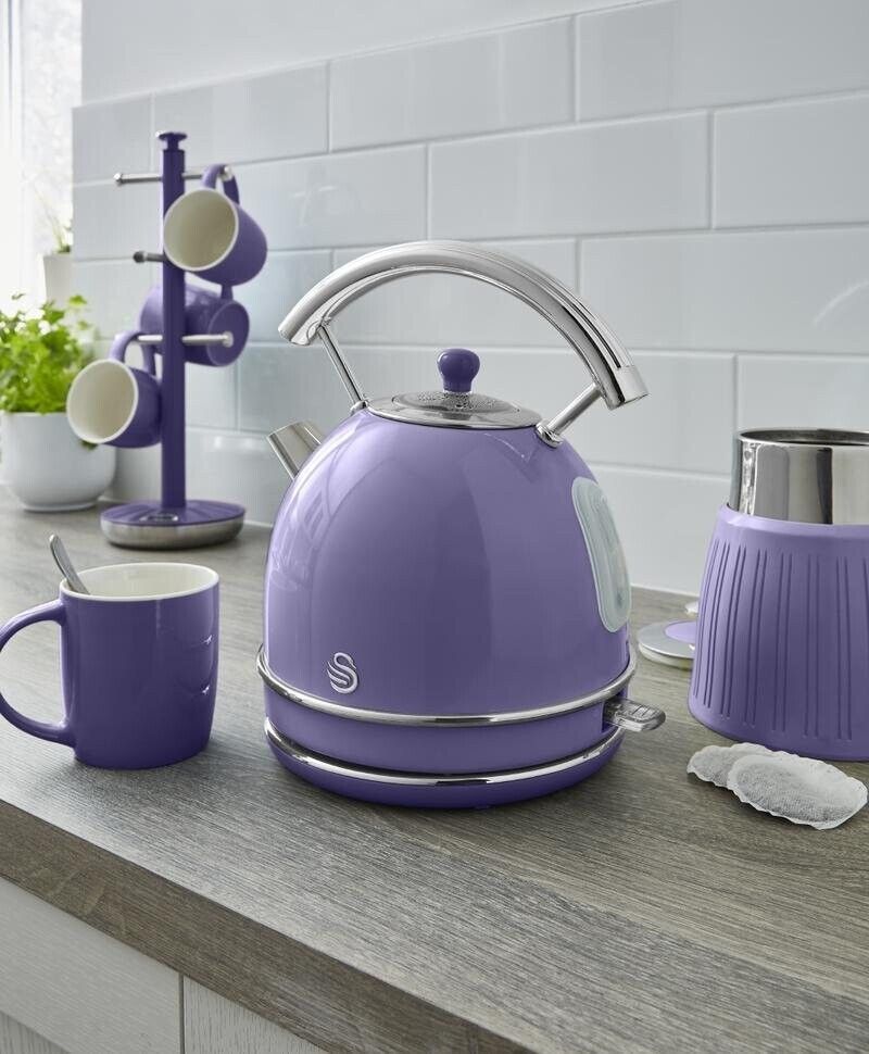 Swan Retro Purple 1.8L 3KW Dome Kettle 4 Slice Toaster & 3 Canisters Kitchen Set