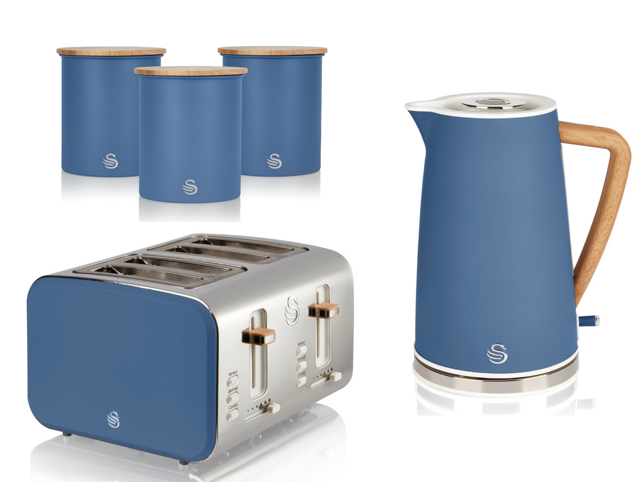 Swan Nordic Blue 1.7L 3KW Kettle, 4 Slice Toaster & Canisters Scandinavian Design Set of 5