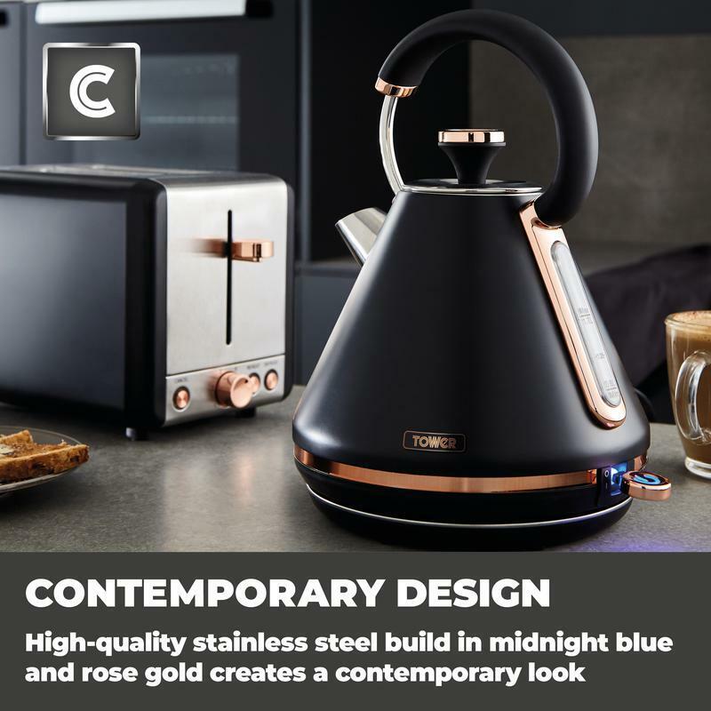 Tower Cavaletto 1.7L Pyramid Kettle & 2 Slice Toaster Set Black & Rose Gold