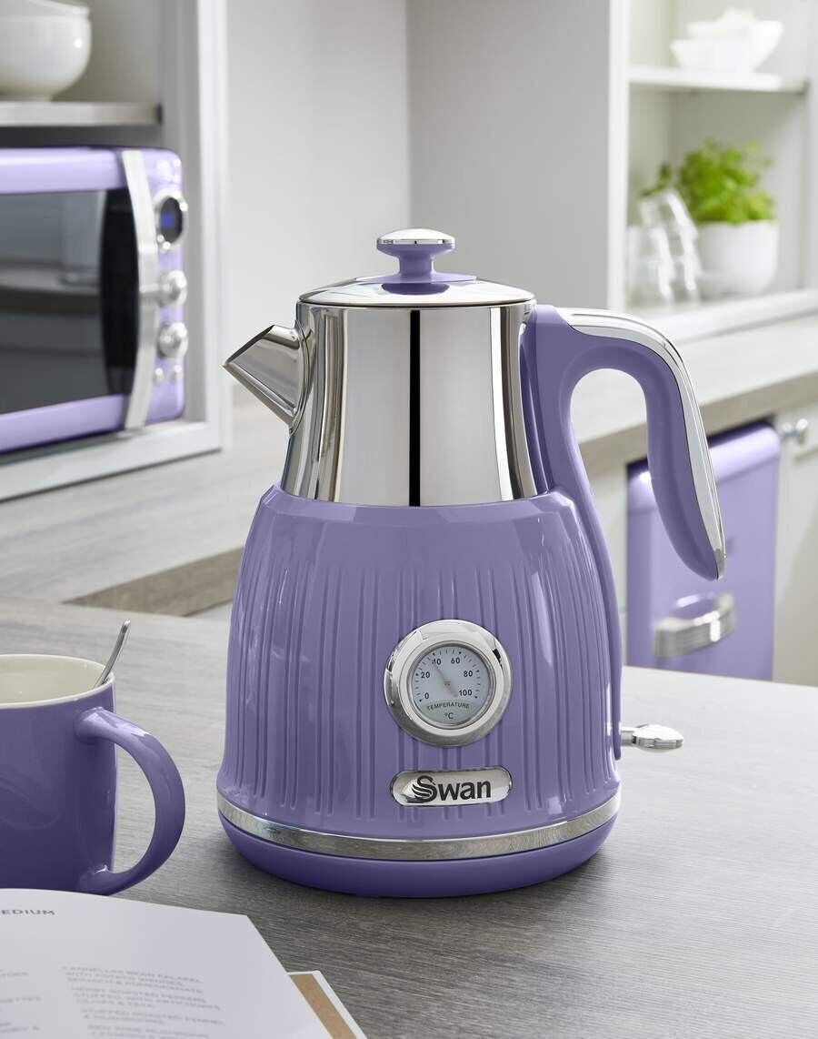 Swan Retro Purple Dial Kettle Toaster Microwave Bread Bin & Canisters Set of 7