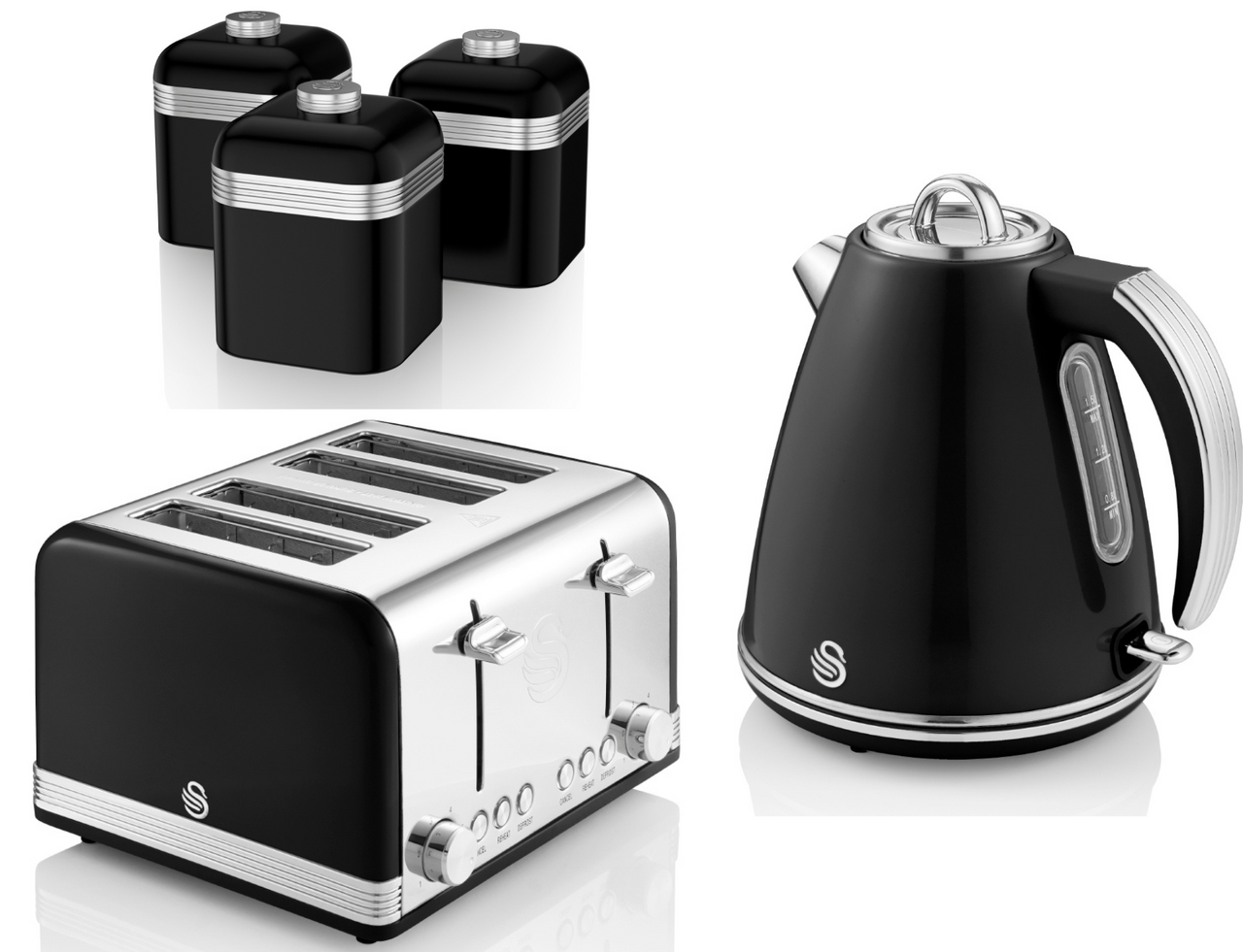 Swan Retro Black Jug Kettle 4 Slice Toaster  & 3 Canisters Matching Kitchen Set