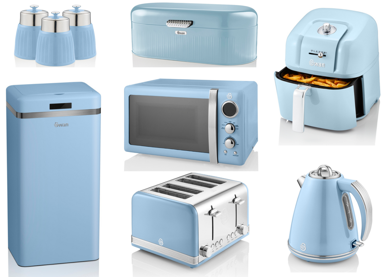 SWAN Retro Blue 9 Set - Kettle Toaster Microwave Air Fryer Sensor Bin & Storage