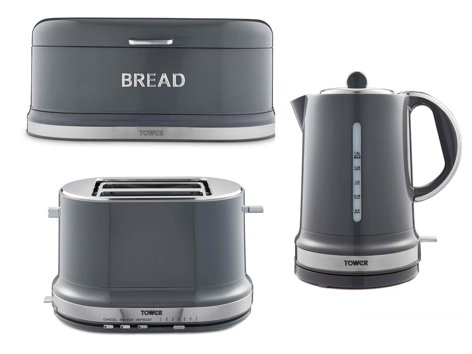 Tower Belle Kettle Toaster & Bread Bin Kitchen Set in Graphite Grey