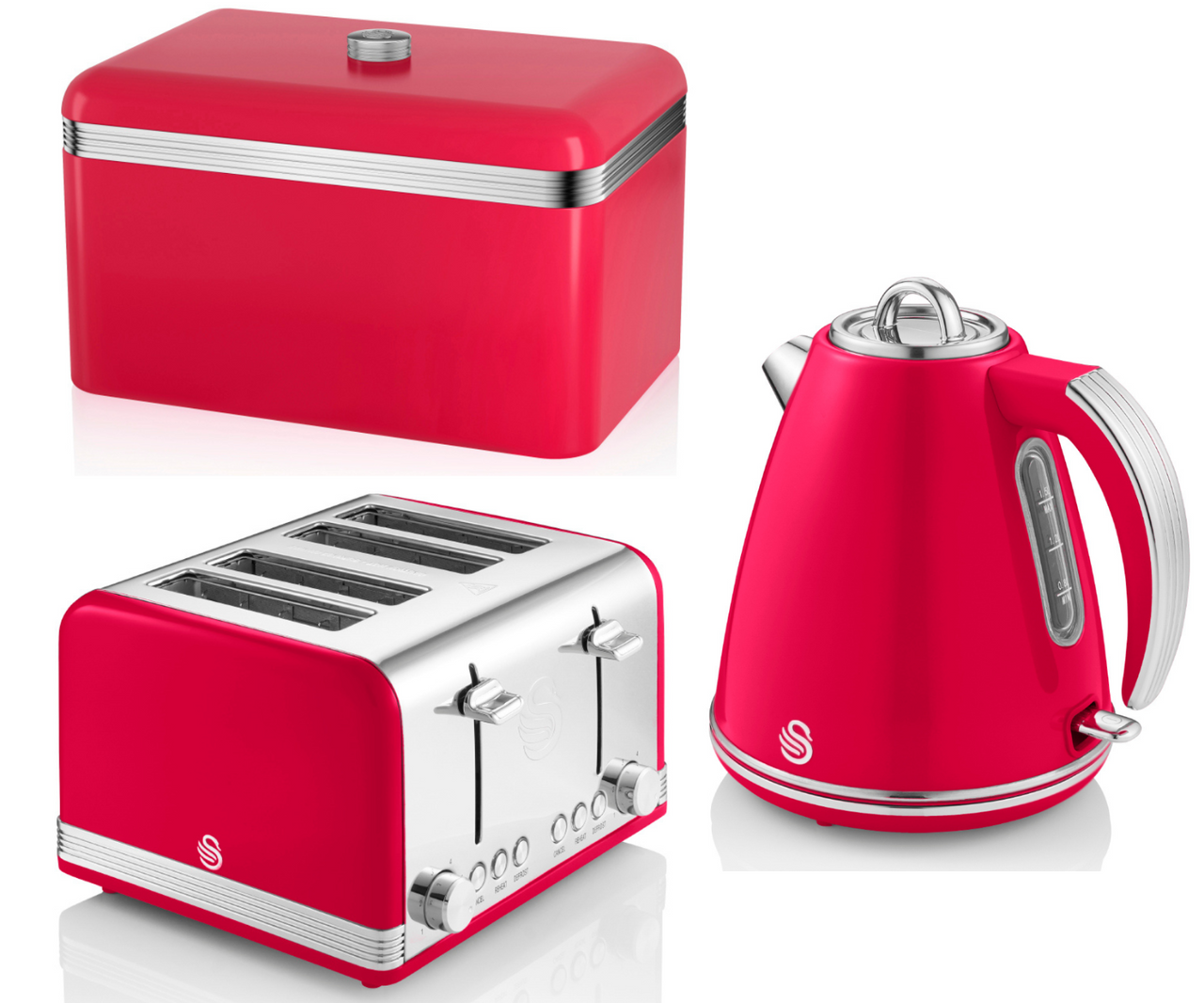 SWAN Retro 1.5L Jug Kettle 4 Slice Toaster & Breadbin Matching Kitchen Set Red