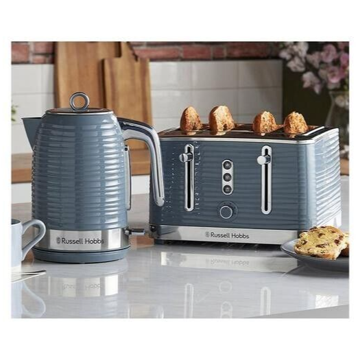 Russell Hobbs Inspire Jug Kettle & 4 Slice Toaster Matching Set in Grey & Chrome