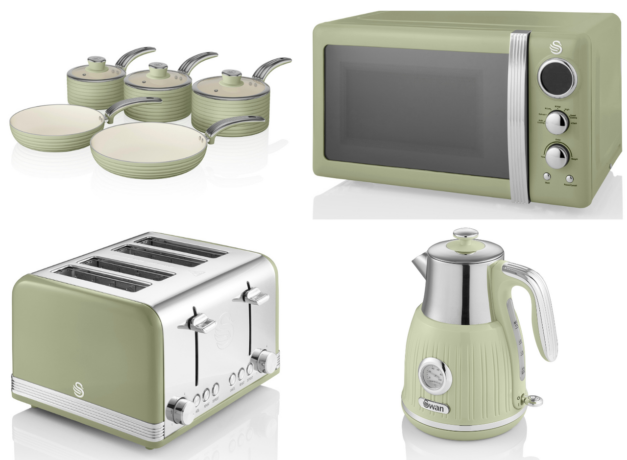 SWAN Retro Green Jug Dial Kettle, 4 Slice Toaster Microwave & 5 Piece Pan Set