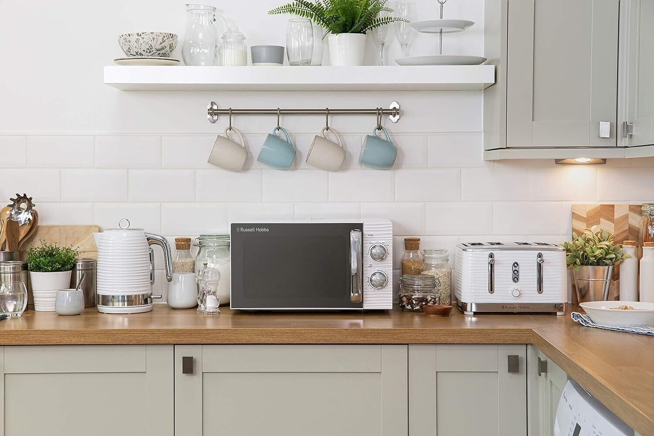 Russell Hobbs Inspire White Jug Kettle, 4 Slice Toaster & Microwave Kitchen Set