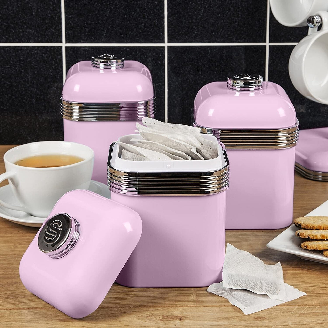 Swan Retro Pink Tea, Coffee & Sugar Matching Set of 3 Kitchen Storage Canisters