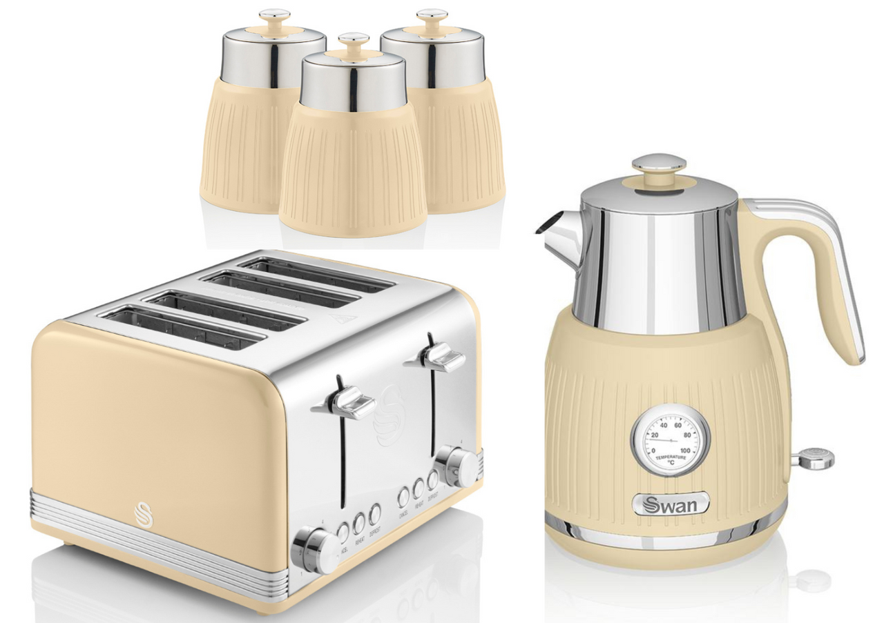 Swan Retro Cream Dial Kettle, 4 Slice Toaster & Canisters Vintage Kitchen Set