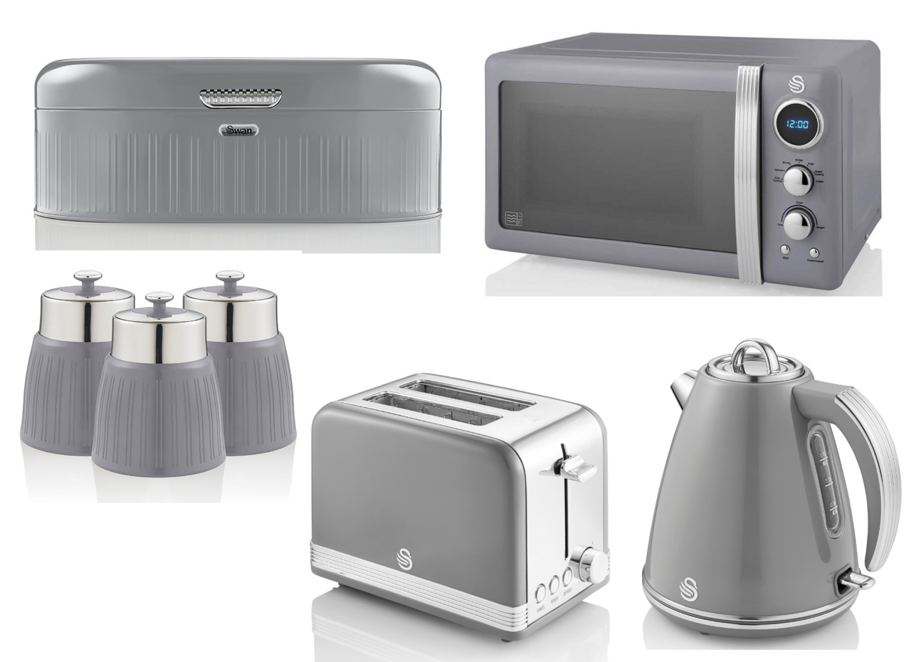 SWAN Retro Grey Jug Kettle 2 Slice Toaster Microwave Bread Bin & Canisters Set