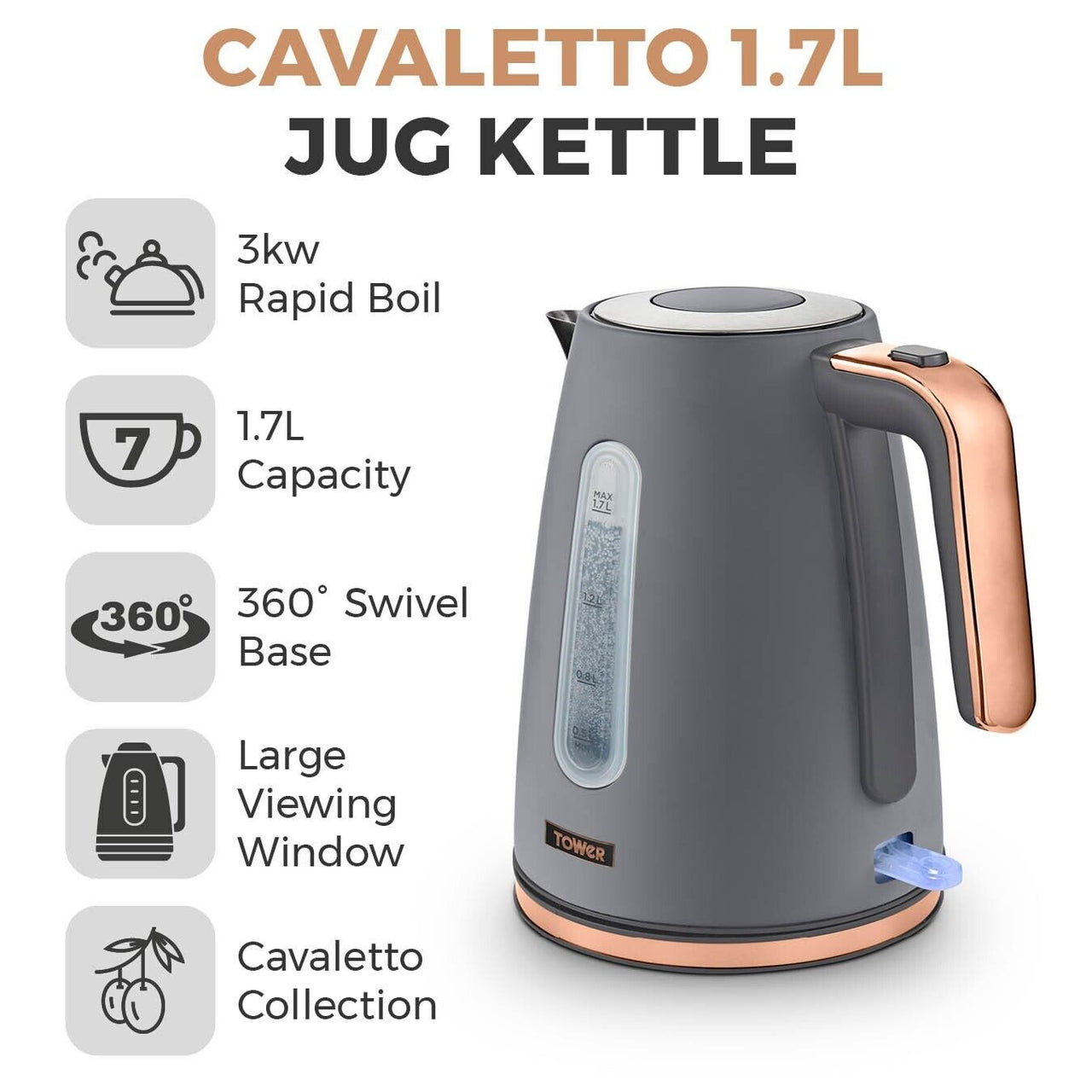 Tower Cavaletto T10066GRY 1.7L 3KW Jug Kettle. Rapid Boil. Grey & Rose Gold