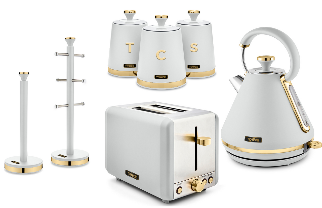 Tower Cavaletto White 1.7L 3KW Pyramid Kettle, 2 Slice Toaster, 3 Canisters, Mug Tree & Towel Pole Matching Kitchen Set