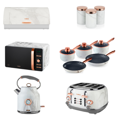 Marble & Rose Gold Kitchen Set of 12 Kitchen Appliances. Free Next Day Delivery
