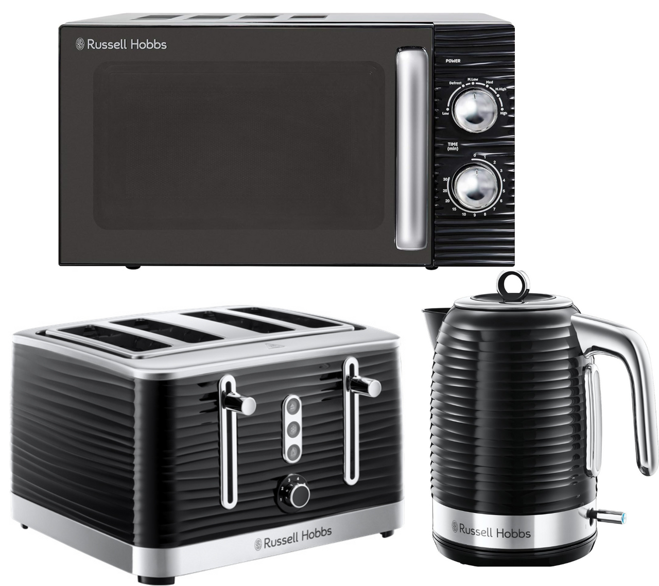 Russell Hobbs Inspire Black Jug Kettle, 4 Slice Toaster & Microwave Kitchen Set