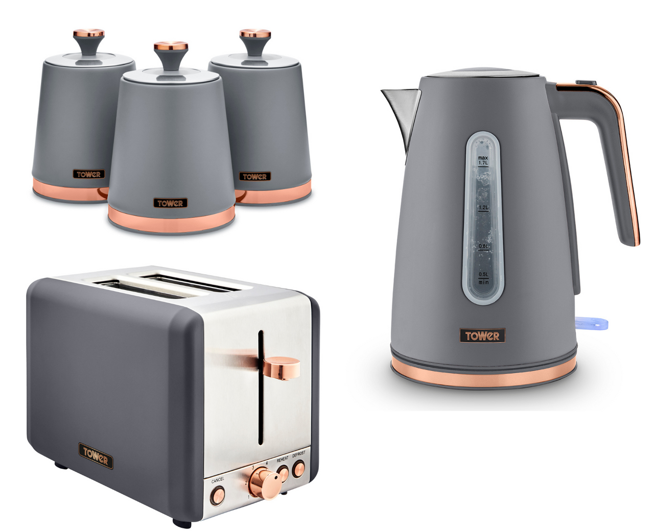 Tower Cavaletto Jug Kettle 2 Slice Toaster & 3 Canisters Set in Grey & Rose Gold