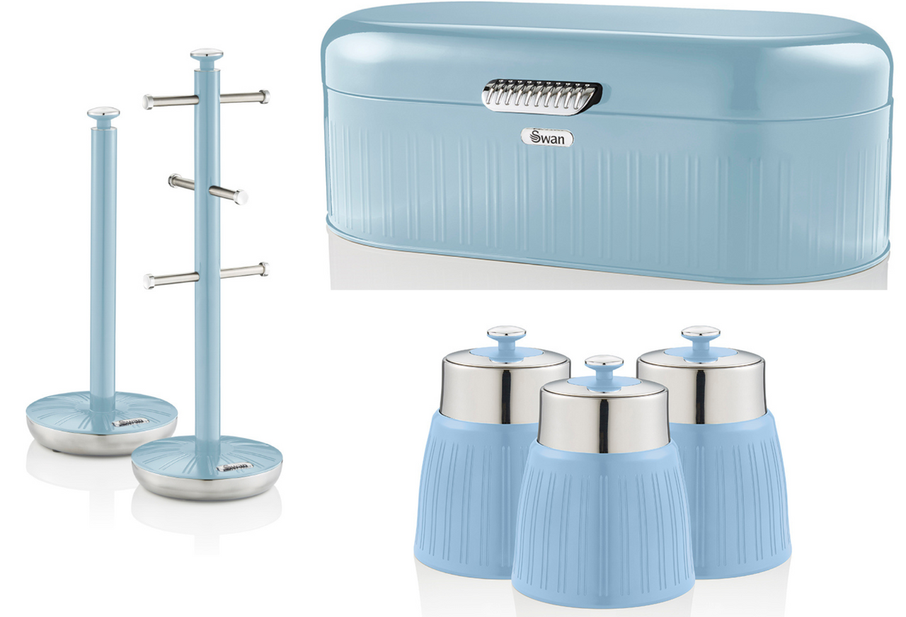 SWAN Retro Blue Bread Bin, Canisters, Mug Tree & Towel Pole Kitchen Storage Set