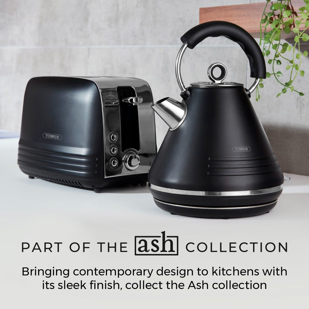 Tower Ash Black 1.7L 3KW Pyramid Kettle & 2 Slice Toaster Contemporary Set with Chrome Accents
