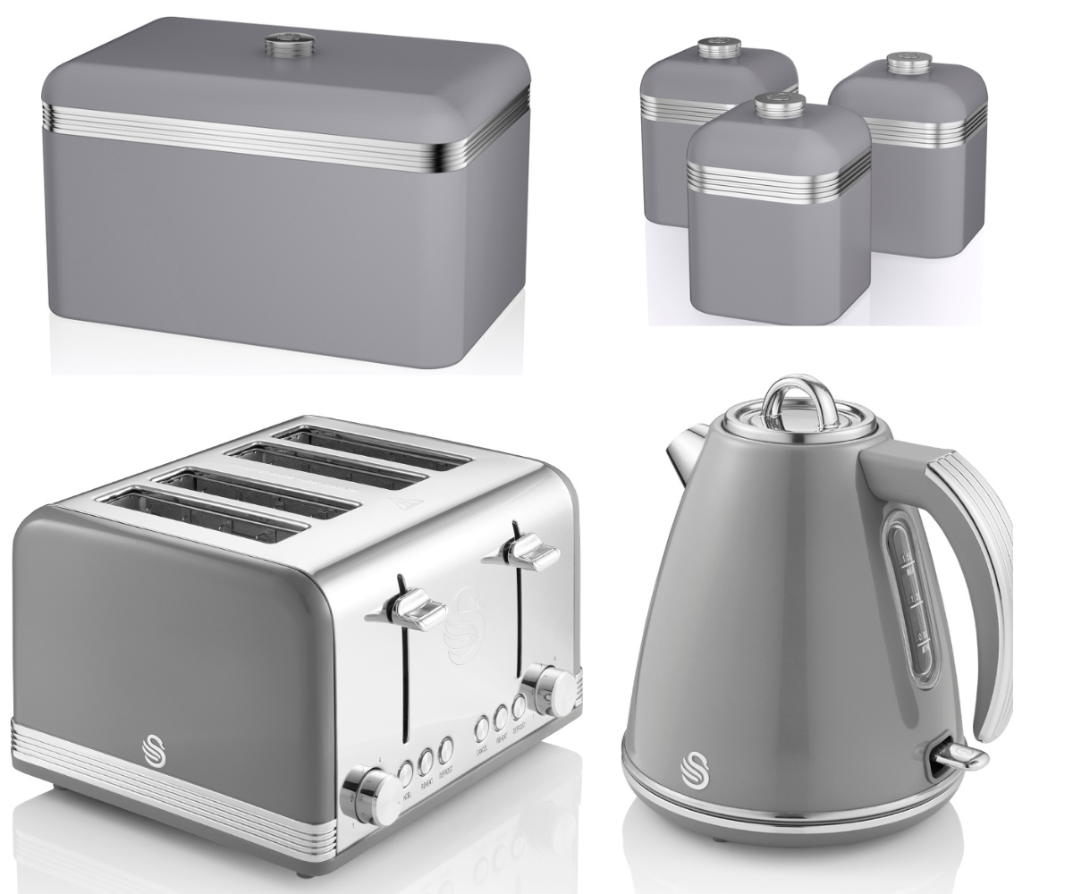 SWAN Retro Grey 1.5L 3KW Jug Kettle. 4 Slice Toaster, Breadbin & Canisters Matching Set