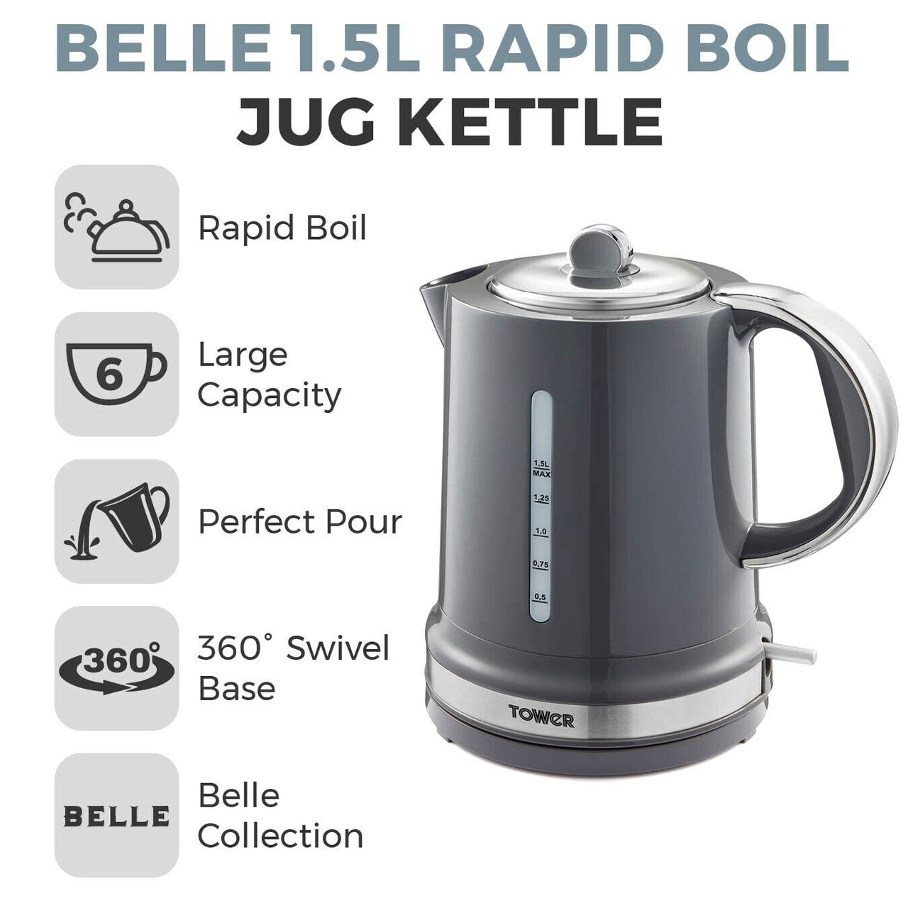 Tower Belle Kettle, 2 Slice Toaster, Bread Bin, Canisters, Mug Tree & Towel Pole Set in Graphite Grey