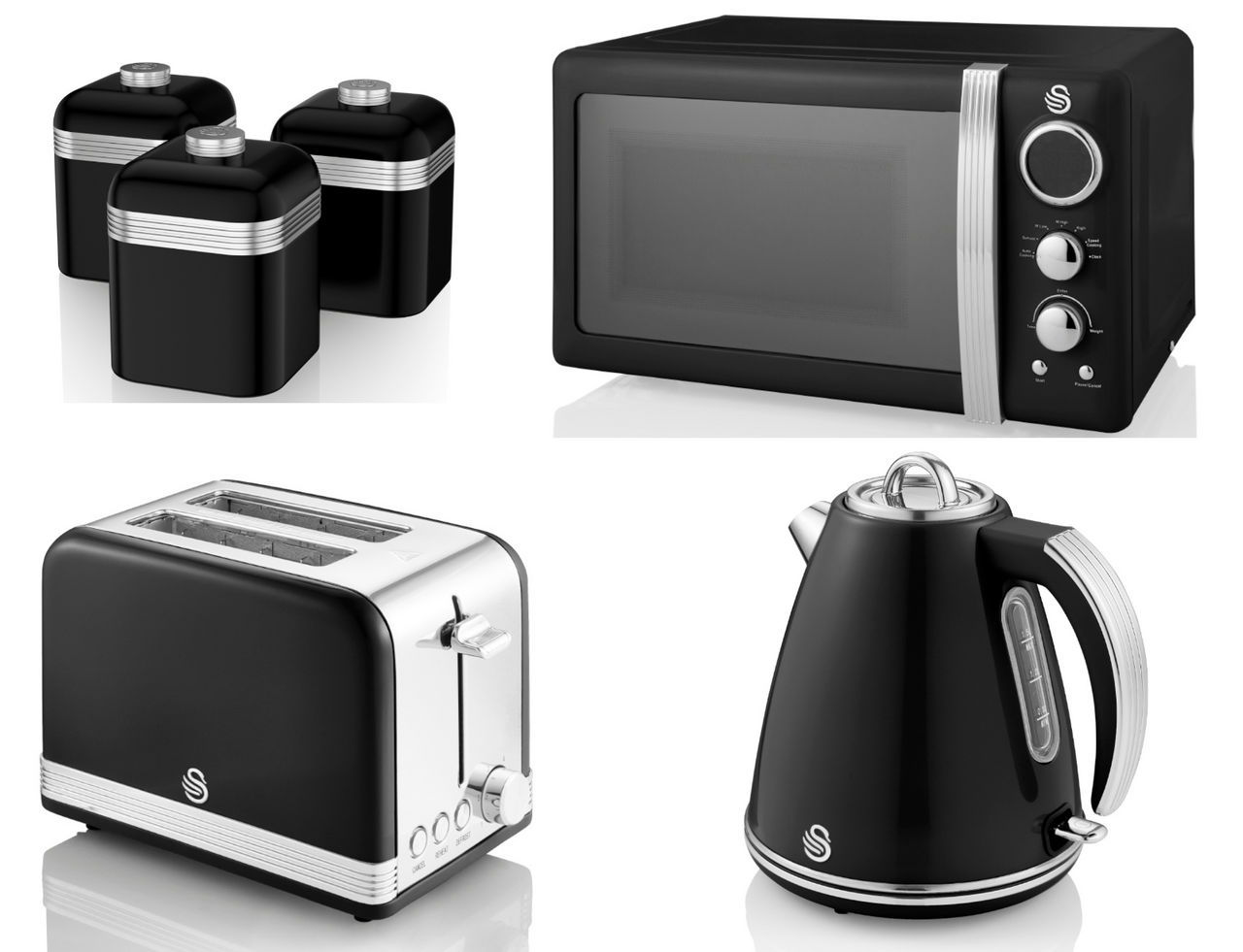 Swan Retro Black Jug Kettle 2 Slice Toaster Microwave & Canisters Set of 6