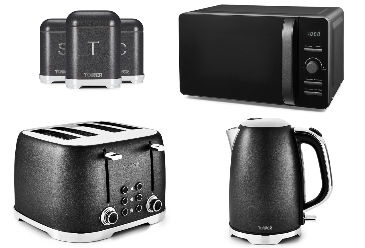 Tower Glitz Noir Kettle 4 Slice Toaster Microwave & Canisters Kitchen Set of 7
