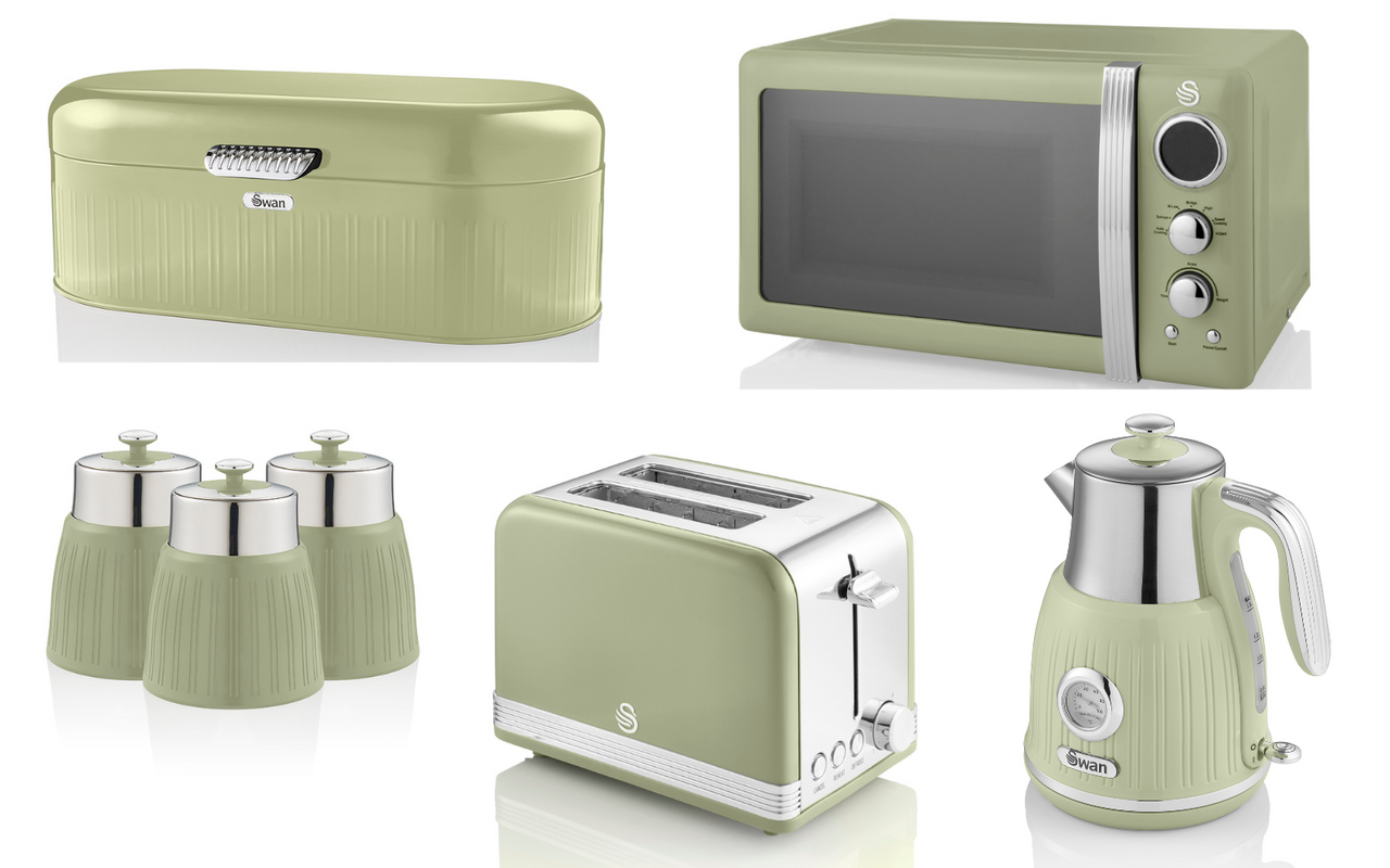 SWAN Retro Green Dial Kettle 2 Slice Toaster Microwave & Alt Breadbin Canisters
