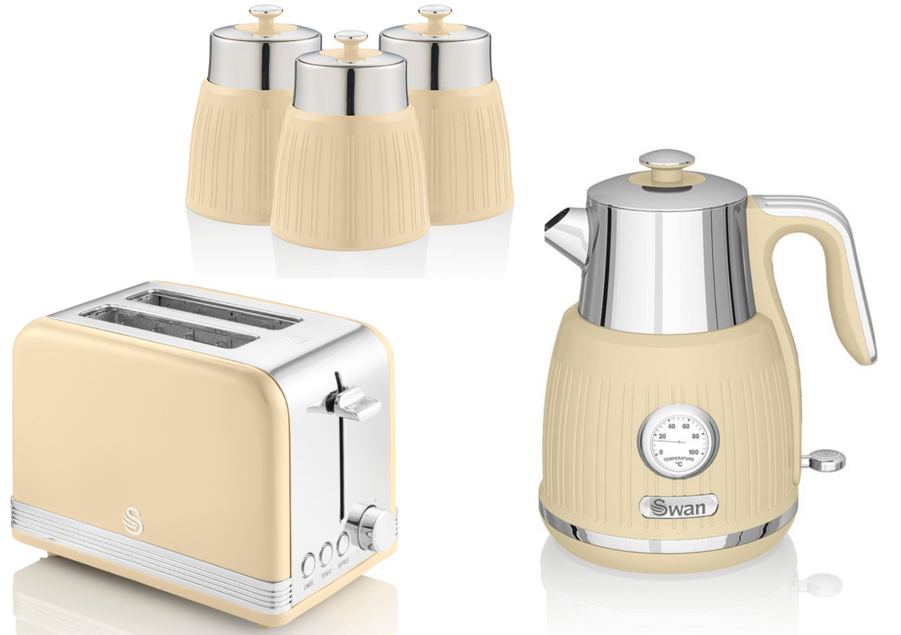 Swan Retro Cream Dial Kettle, 2 Slice Toaster & Canisters Vintage Kitchen Set
