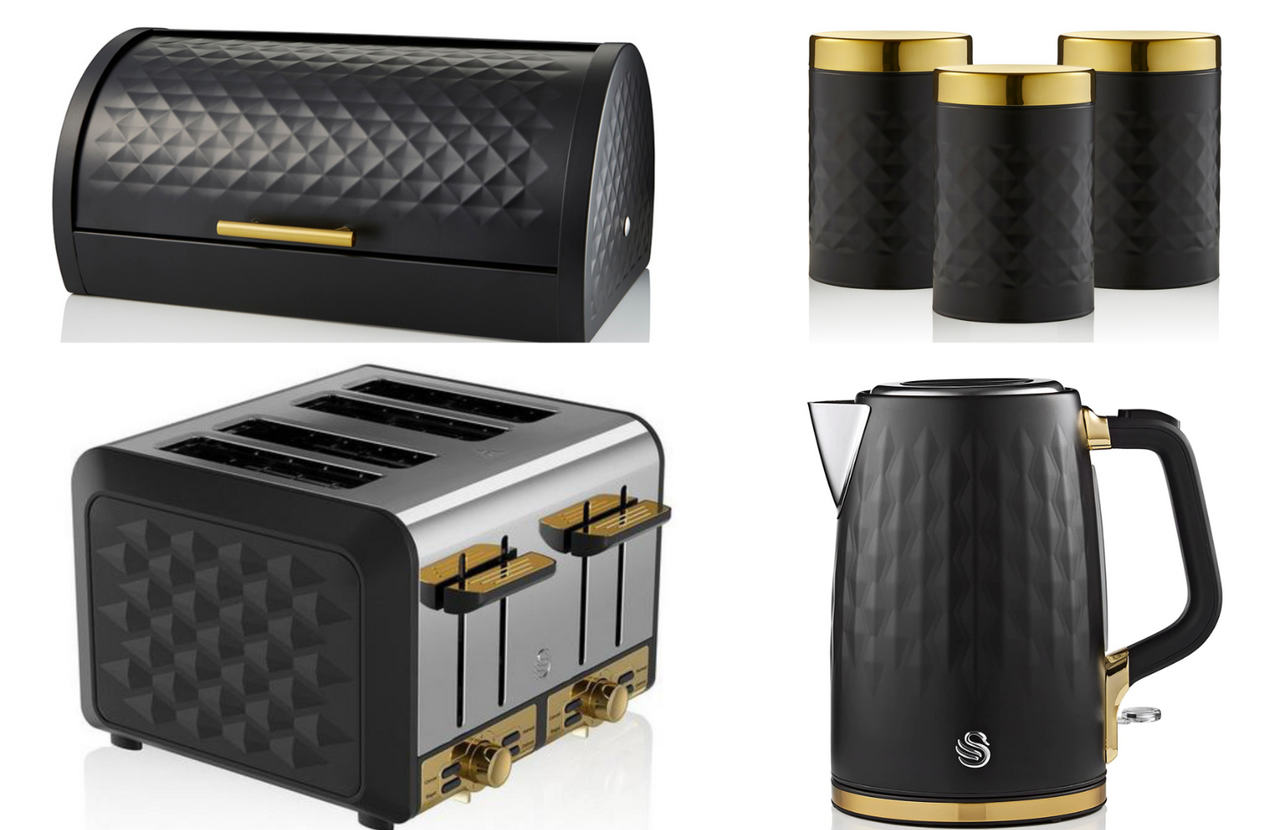 SWAN Gatsby  Black Jug Kettle 4 Slice Toaster Bread Bin Canisters Matching Set