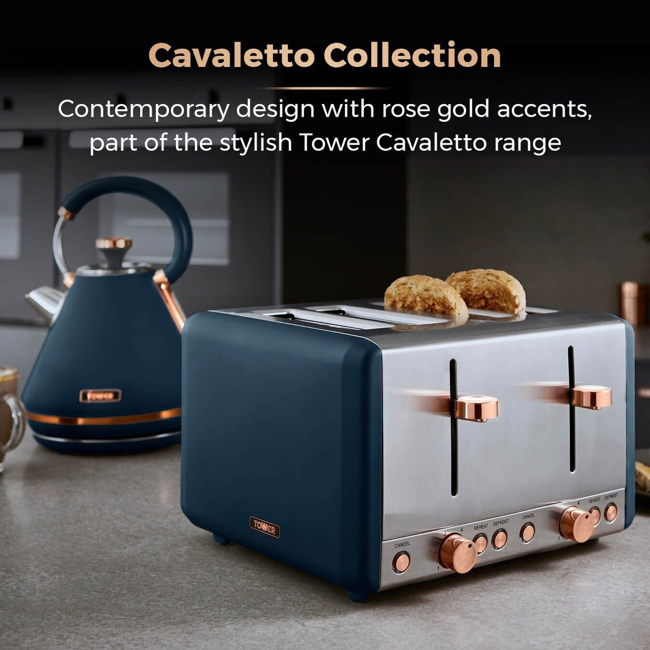 Tower Cavaletto Pyramid Kettle 4 Slice Toaster Canisters Set Blue/Rose Gold