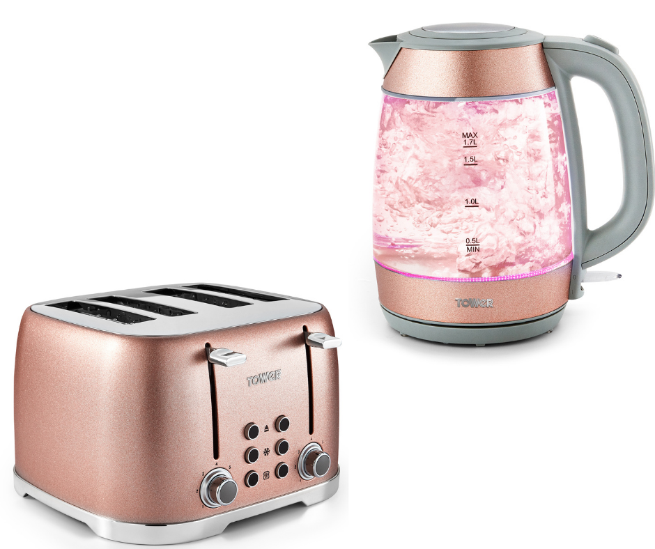 Tower Glitz Glass Kettle & 4 Slice Toaster Set Blush Pink Illuminating LED Light