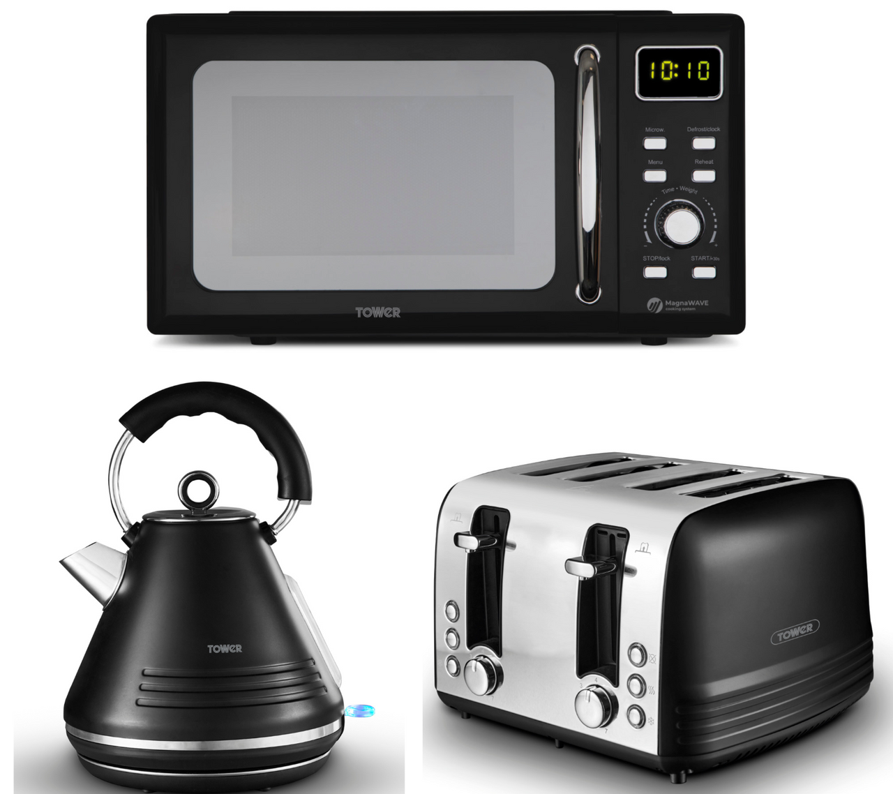 Tower Ash Black Pyramid Kettle, 4 Slice Toaster & T24041BLK 800W 20L Microwave