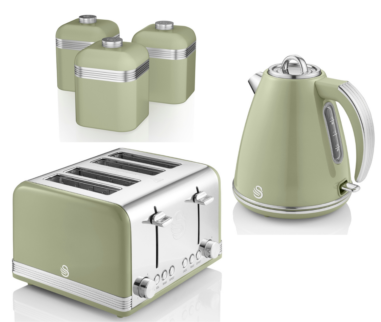 SWAN Retro Green Jug Kettle 4 Slice Toaster & 3 Canisters Vintage Kitchen Set