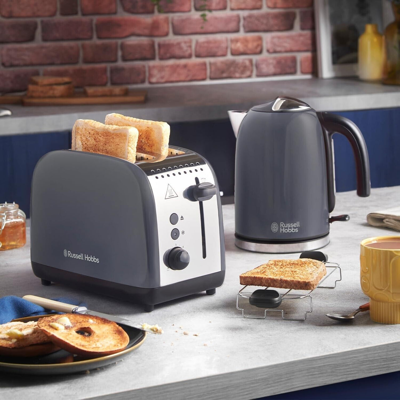 Russell Hobbs Colours Plus Grey 1.7L Kettle & 2 Slice Toaster Matching Set