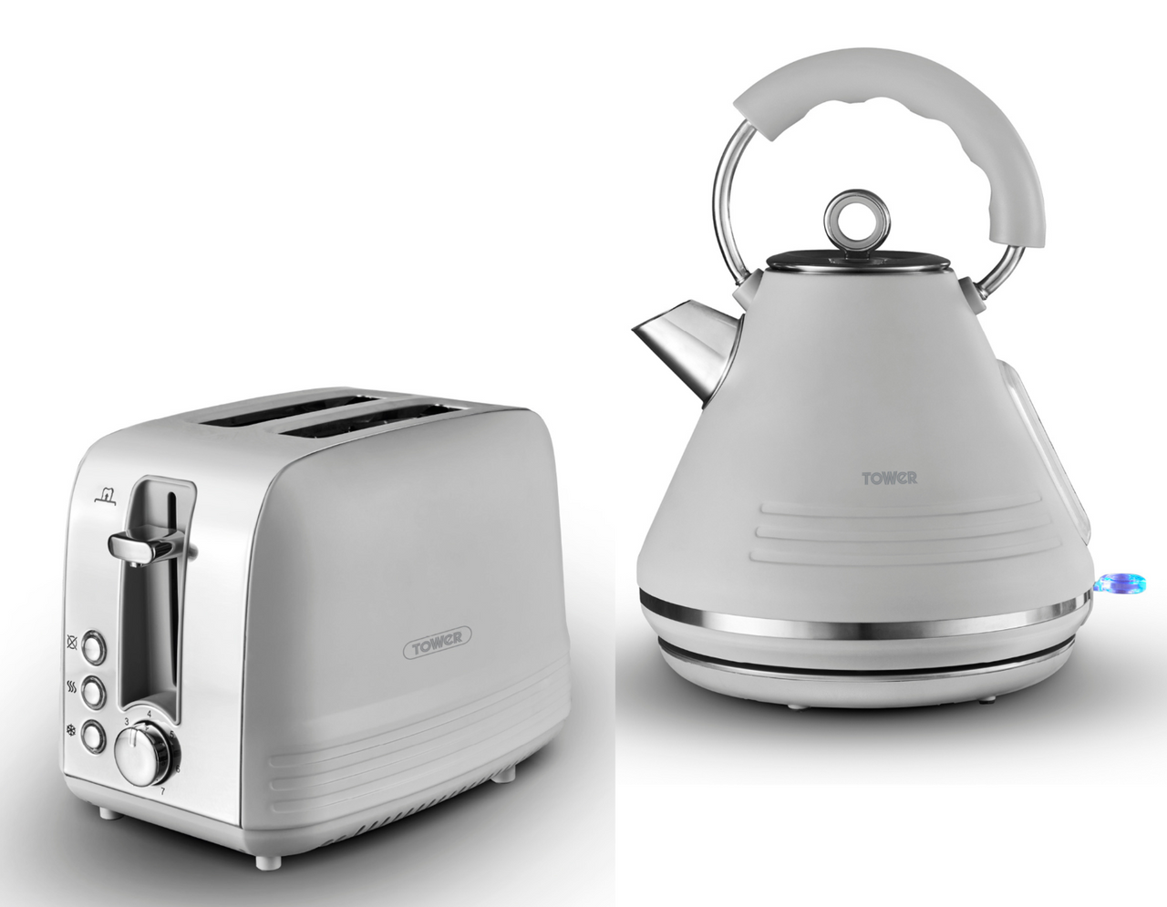 Tower Ash Grey 1.7L 3KW Pyramid Kettle & 2 Slice Toaster Contemporary Set