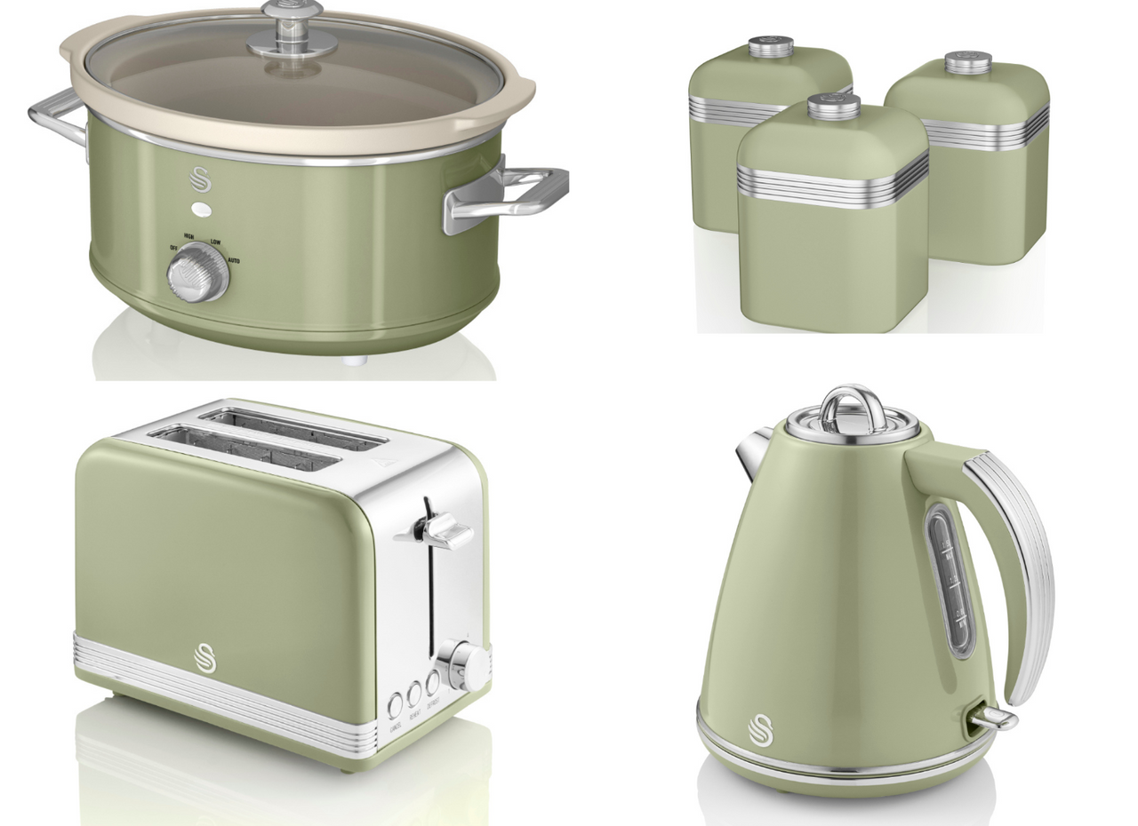 SWAN Retro Green Jug Kettle 2 Slice Toaster 3.5L Slow Cooker & Canisters Set