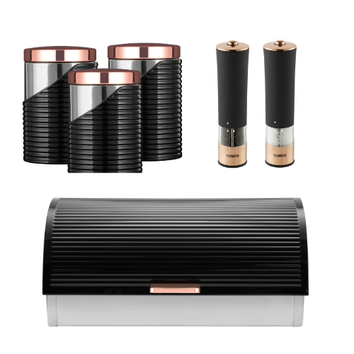 Tower Linear Breadbin Canisters Electric Salt/Pepper Matching Set Black/Rose Gold