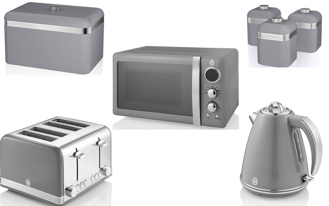 SWAN Retro Grey Jug Kettle 4 Slice Toaster Microwave Breadbin & Canisters Set