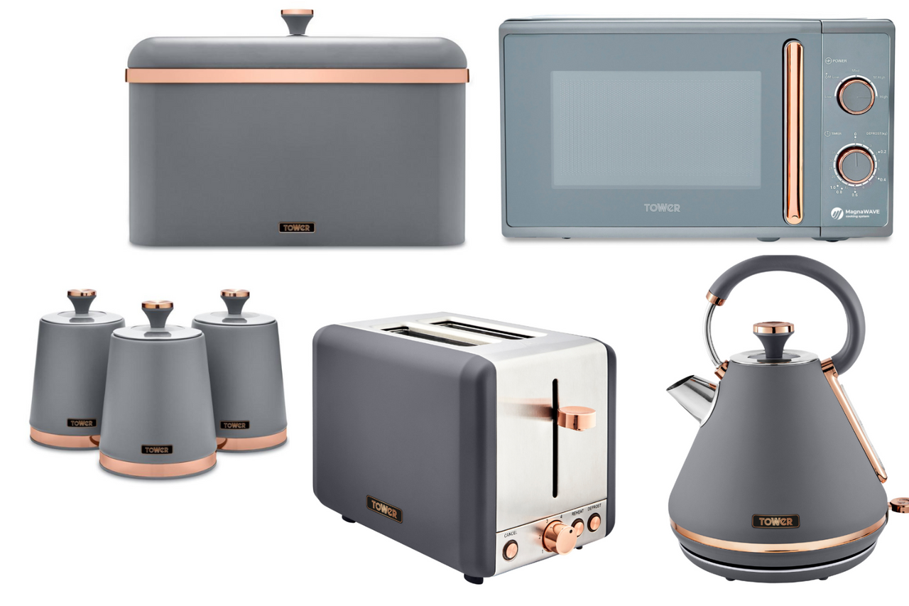 Tower Cavaletto Grey Pyramid Kettle 2 Slice Toaster Microwave Breadbin Canisters Set