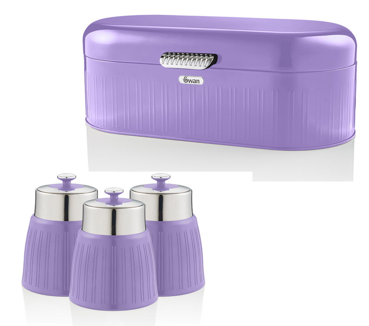 SWAN Retro Purple Bread Bin & Tea Coffee & Sugar Canisters Kitchen Storage Set