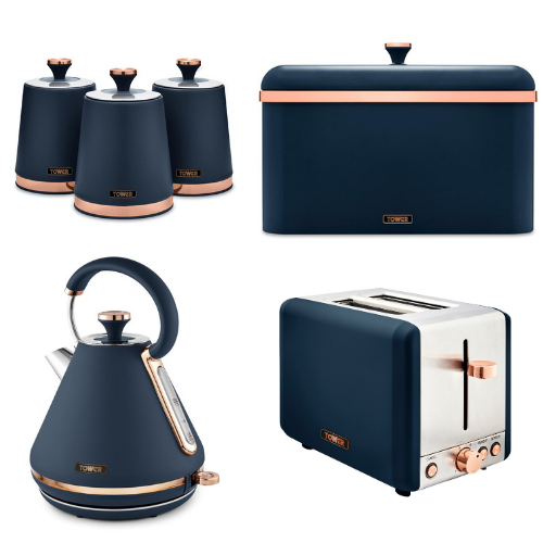 TOWER Cavaletto Kettle 2-Slice Toaster Bread Bin Canisters Set Midnight Blue & Rose Gold