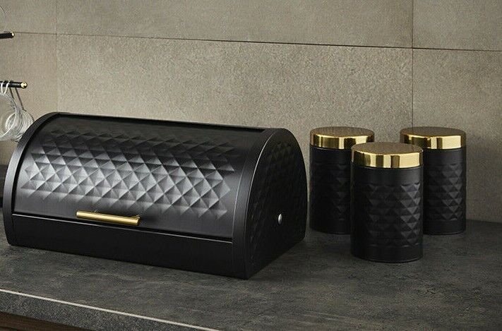 SWAN Gatsby Vintage Bread Bin Canisters 1920`s Style Kitchen Storage Set in Black & Gold