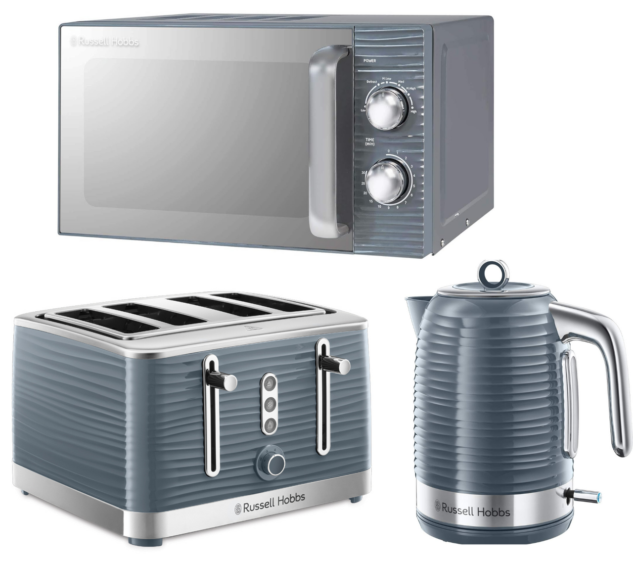 Russell Hobbs Inspire Grey Jug Kettle, 4 Slice Toaster & Microwave Kitchen Set