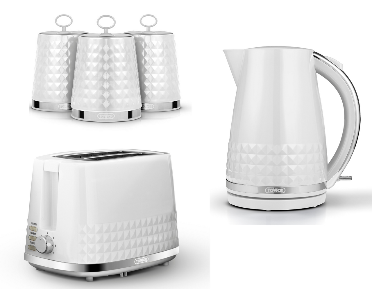 Tower Solitaire Kettle 2 Slice Toaster & Canisters Matching Set White & Chrome