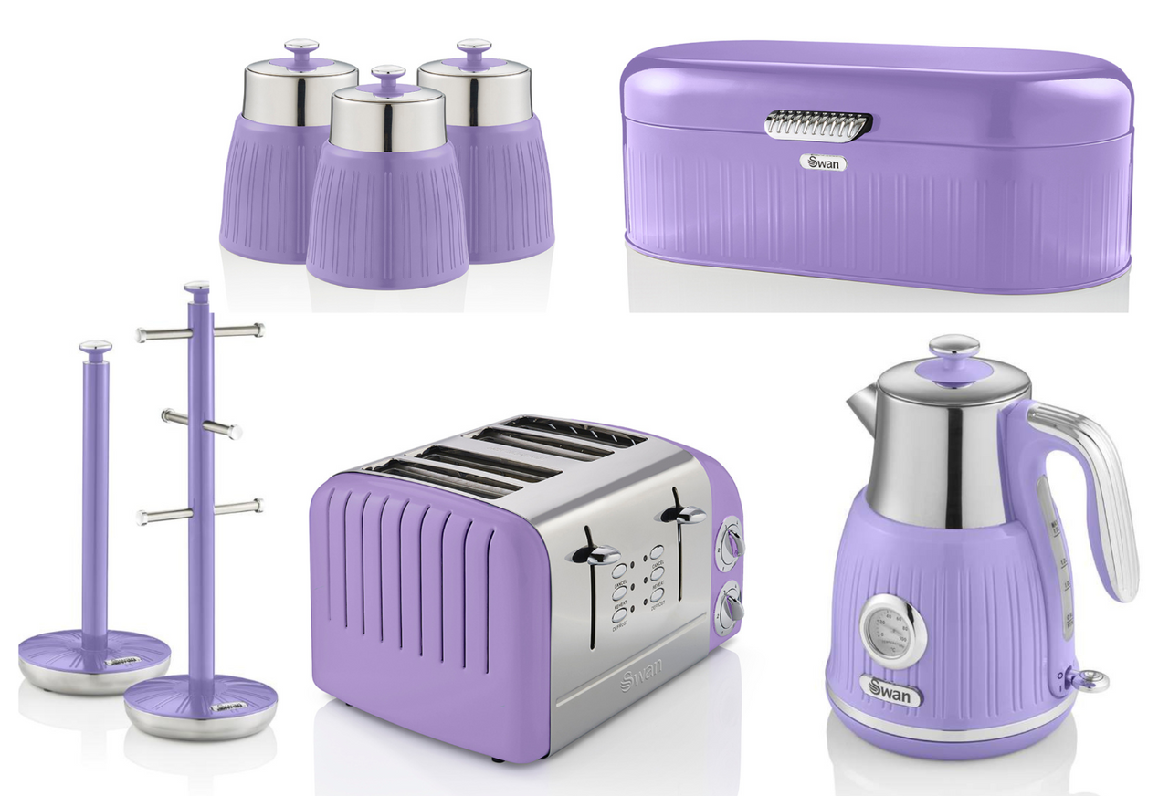 Swan Retro Purple Kettle Toaster Breadbin Canisters MugTree Towel Pole Set of 8