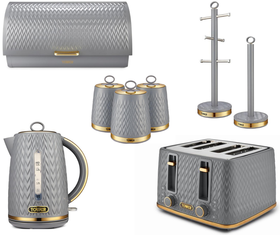 Tower Empire Grey Jug Kettle, 4 Slice Toaster, Bread Bin, Canisters, Mug Tree & Towel Pole Set