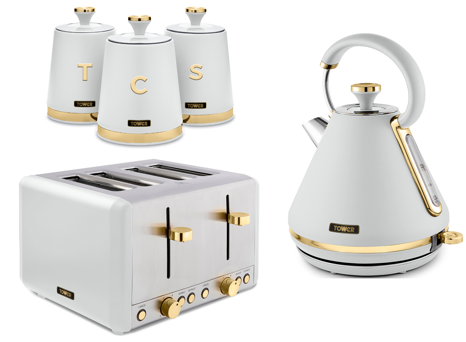 Tower Cavaletto White Pyramid Kettle 4 Slice Toaster Canisters Set