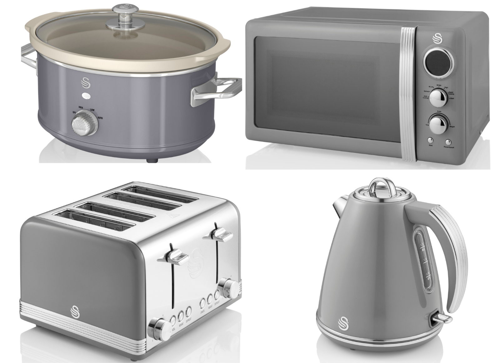 SWAN Retro Grey Jug Kettle 4 Slice Toaster Digital Microwave & Slow Co