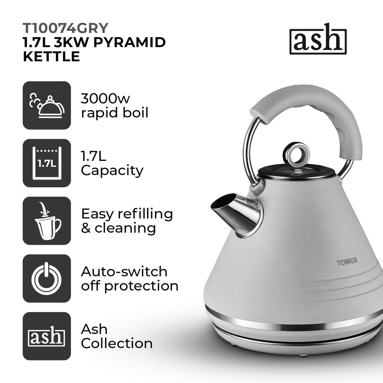 Tower Ash Grey 1.7L 3KW Pyramid Kettle Contemporary Design T10074GRY