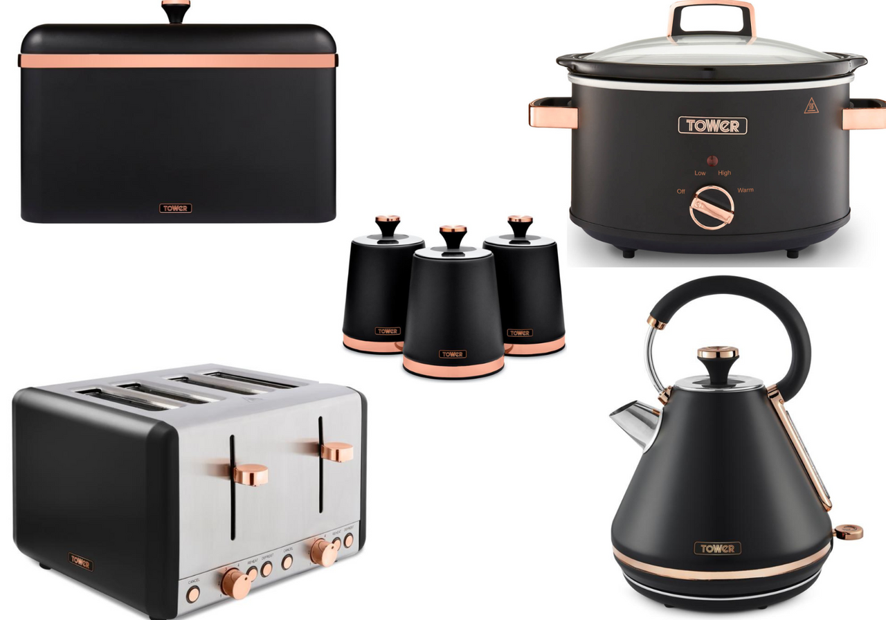 Tower Cavaletto Black Kettle, 4 Slice Toaster, Slow Cooker & Storage Set 7 items